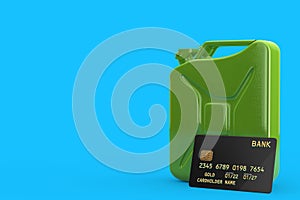 Green Metal Jerrycan and Black Plastic Golden Credit Card with Chip. 3d Rendering