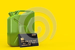 Green Metal Jerrycan and Black Plastic Golden Credit Card with Chip. 3d Rendering