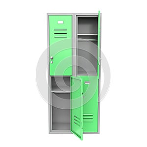 Green metal locker with open doors. Two level compartment. 3d rendering illustration