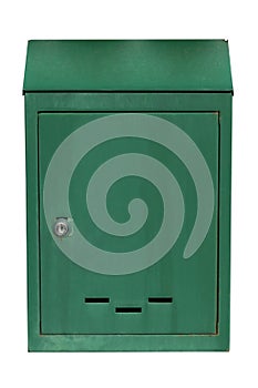 Green metal mailbox isolated on white background. Path saved