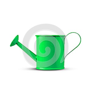 Green metal watering can for flowers. Isolated on a white background. Design