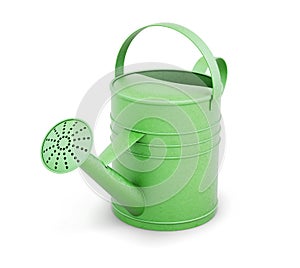 Green metal watering can on white background. 3d render