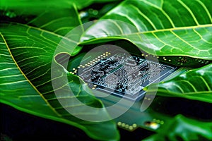 Green micro chip on circuit board and green leaves. Ecological concept.