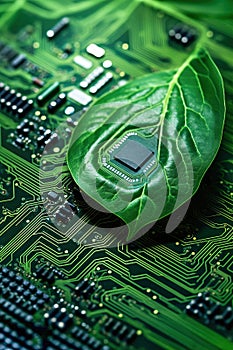 Green micro chip on circuit board and green leaves. Ecological concept.