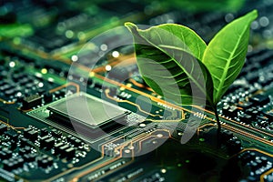 Green micro chip on circuit board and green leaves. Ecological concept.