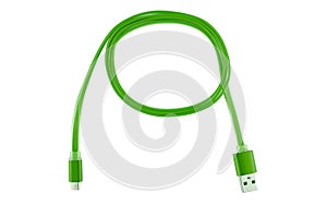Green micro-usb cable twisted into a ring, on a white isolated background. Horizontal frame
