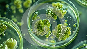 Green Microalgae Clusters Under Scientific Examination in Lab.