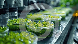 Green Microalgae Clusters Under Scientific Examination in Lab.