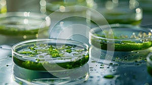 Green Microalgae Clusters Under Scientific Examination in Lab.