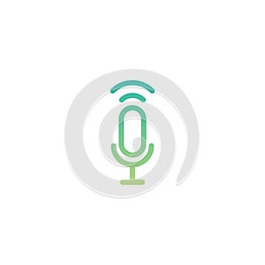 Green microphone with audio waves icon. Voice recognition, AI personal assistant. radio, podcast logo