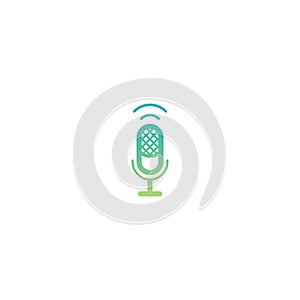 Green microphone with audio waves icon. Voice recognition, AI personal assistant. radio, podcast logo