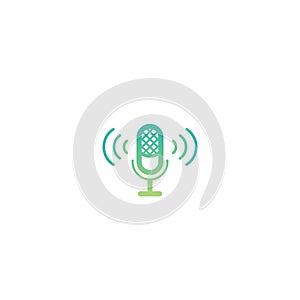 Green microphone with audio waves icon. Voice recognition, AI personal assistant. radio, podcast logo