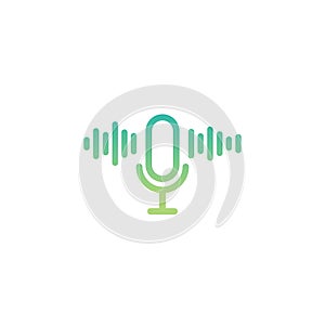 Green microphone with audio waves icon. Voice recognition, AI personal assistant. radio, podcast logo. Audio message, recorder,