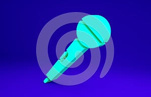 Green Microphone icon isolated on blue background. On air radio mic microphone. Speaker sign. Minimalism concept. 3d