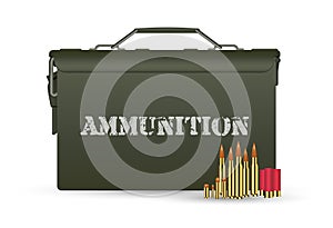 Green military ammunition box with some bullets