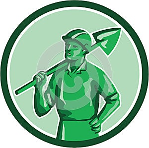 Green Miner Holding Shovel Circle Retro