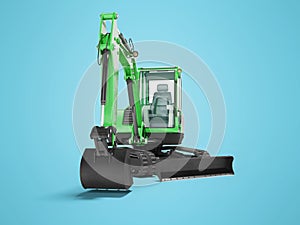 Green mini tracked excavator with turned cab to the left 3d render on blue background with shadow