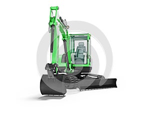 Green mini tracked excavator with turned cab to the left 3d render on white background with shadow