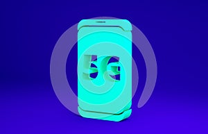 Green Mobile with 5G new wireless internet wifi icon isolated on blue background. Global network high speed connection