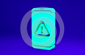 Green Mobile phone with exclamation mark icon isolated on blue background. Alert message smartphone notification