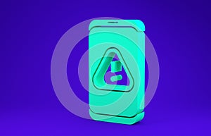 Green Mobile phone with exclamation mark icon isolated on blue background. Alert message smartphone notification. 3d