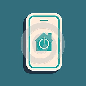 Green Mobile phone with smart home icon isolated on green background. Remote control. Long shadow style. Vector