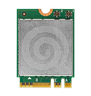 Green modern fast wifi bluetooth M2 PCIE module chip card for notebook laptop computer isolated white background. pc hardware