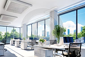 Green modern office with ceiling-integrated air ventilation system. Concept environmental, corporate sustainability, investment in