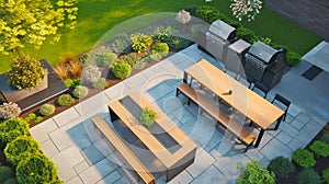 Green modern patio garden and backyard with BBQ, generative ai illustration