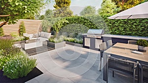 Green modern patio garden and backyard with BBQ, generative ai illustration