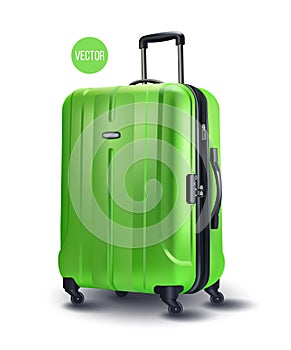 Green modern suitcase for travel, case icon isolated on white transparent background