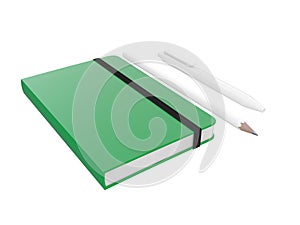 Green moleskine or notebook with pen and pencil and a black strap front or top view isolated on a white background 3d rendering photo
