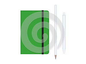 Green moleskine or notebook with pen and pencil and a black strap front or top view isolated on a white background 3d rendering photo