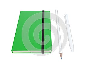Green moleskine or notebook with pen and pencil and a black strap front or top view isolated on a white background 3d rendering photo