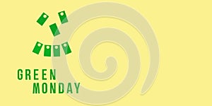 Green monday sale text on yellow and paper labels. Background for Winter Christmas offer