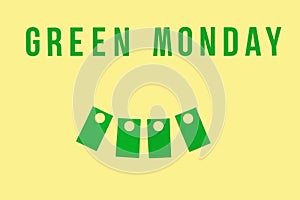 Green monday sale text on yellow and paper labels. Background for Winter Christmas offer