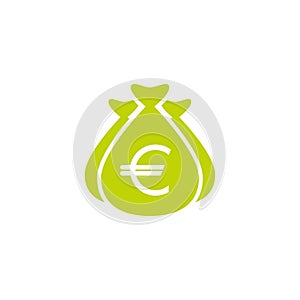 Green Money bag with white euro sign. Bagful Of Money. Wealth symbol. Vector flat illustration