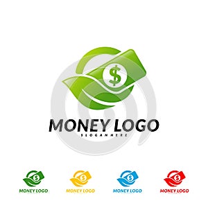 Green money logo Design Concept Vector. Coin With Leaf logo Template