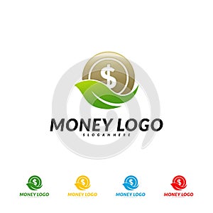 Green money logo Design Concept Vector. Coin With Leaf logo Template