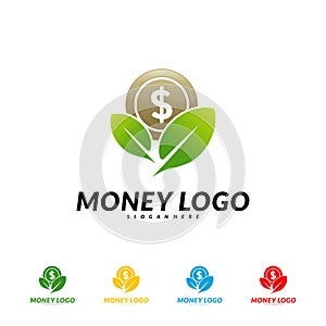 Green money logo Design Concept Vector. Coin With Leaf logo Template