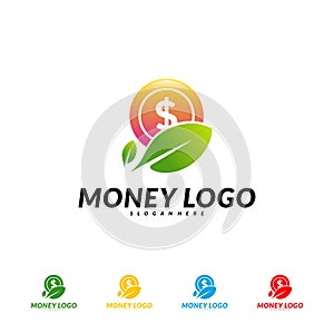 Green money logo Design Concept Vector. Coin With Leaf logo Template