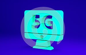 Green Monitor with 5G new wireless internet wifi icon isolated on blue background. Global network high speed connection