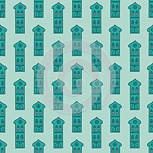 Green monochrome hand drawn houses seamless pattern, cute childish wallpaper