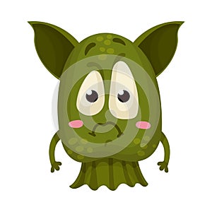 Green Monster with Big Ears Expressing Sadness Vector Illustration