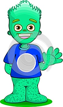 Green monster kid. Hand shaking creature cartoon green alien boy. Editable t shirt logo With freckles and flame hair. 2D vector, i