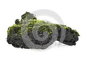Green moss with grass on pile of soil, white background