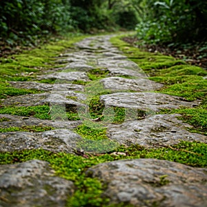 Green Moss Growing Between Grey Cobblestones on a Path