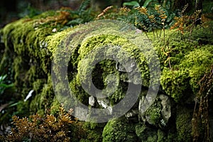 Green moss and plant covered old eroded stone wall.