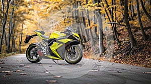 Green motorbike parked on the forest road on the fall season