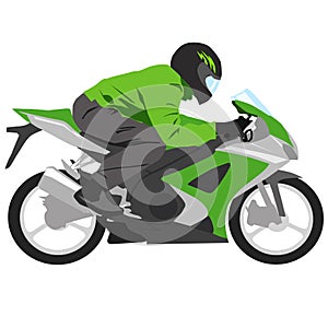 Green motorcycle with biker